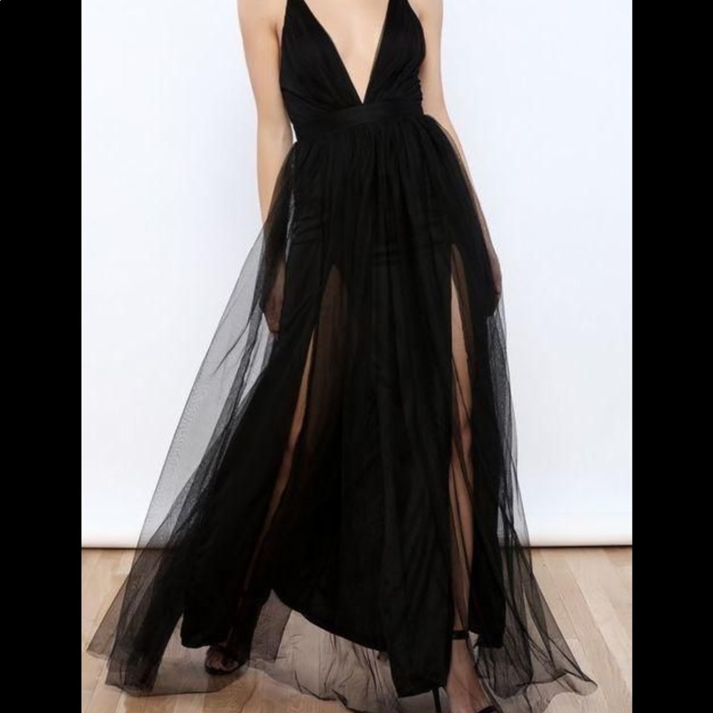 Prom / party dress  Deep V Neck Tulle  w/Double Slit